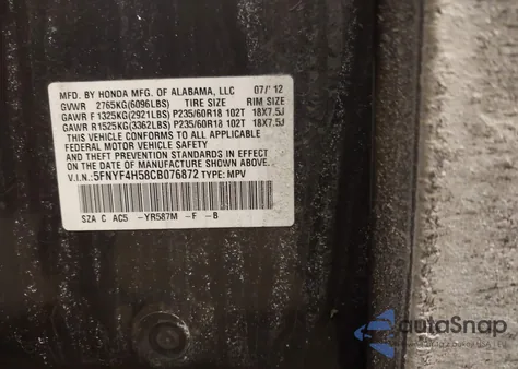 2012 Honda Pilot Ex-L z USA, uszkodzony, nr VIN 5FNYF4H58CB076872